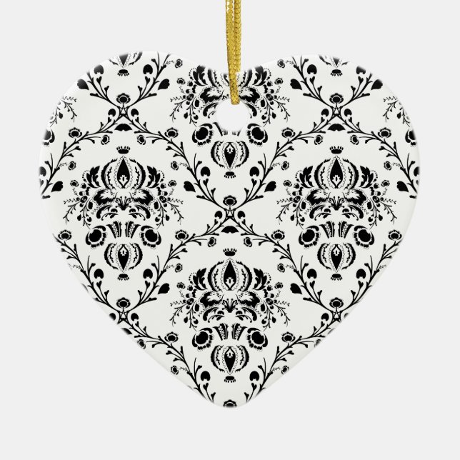 White and Black Damask Ceramic Ornament (Front)
