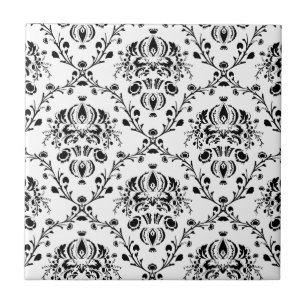 White and Black Damask Ceramic Tile