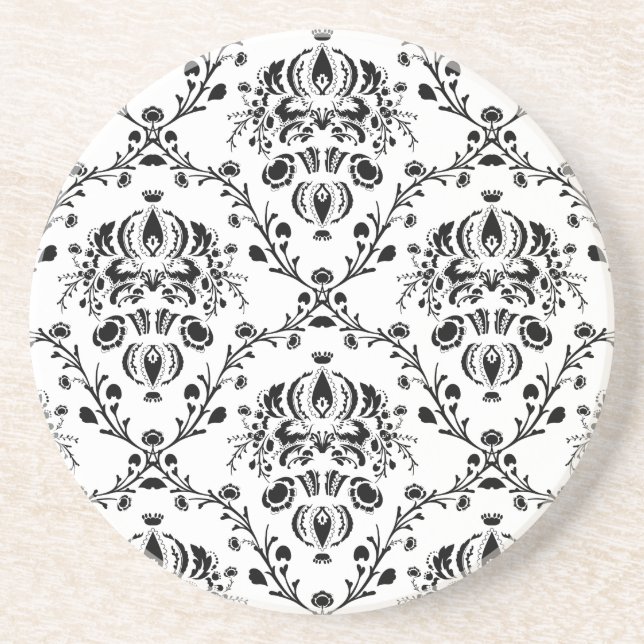 White and Black Damask Drink Coaster (Front)
