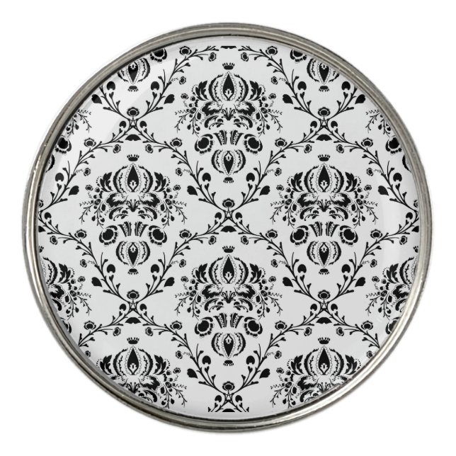 White and Black Damask Golf Ball Marker (Front)