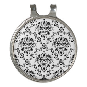 White and Black Damask Golf Hat Clip