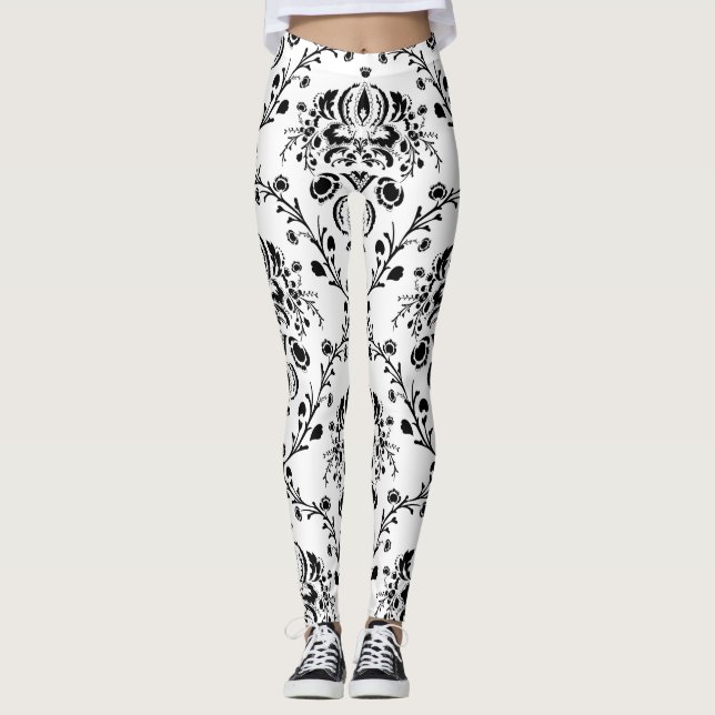 White and Black Damask Leggings (Front)