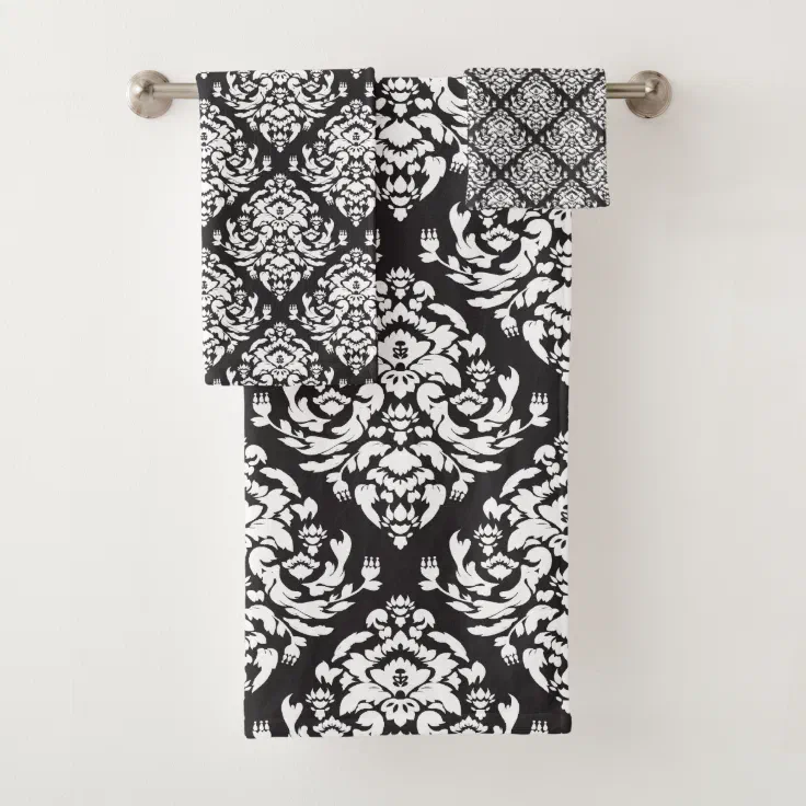 White and Black Damask Pattern Bath Towel Set Zazzle