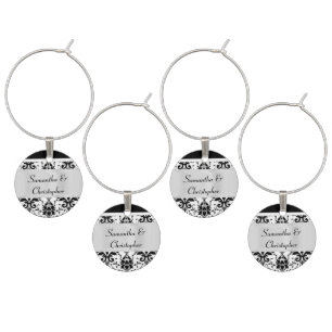 White and black damask personalized wine glass charm