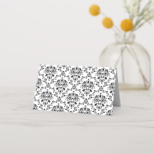 White and Black Damask Place Card (Front)