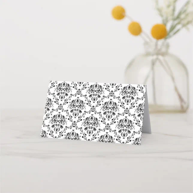 White and Black Damask Place Card | Zazzle
