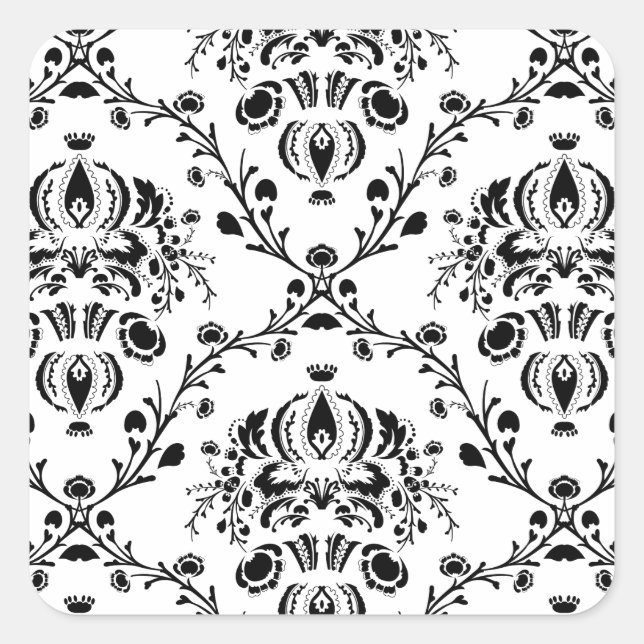 White and Black Damask Square Sticker (Front)