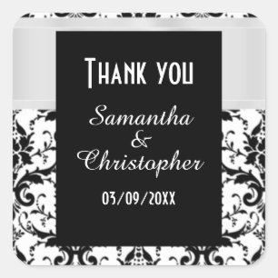 White and black damask thank you square sticker