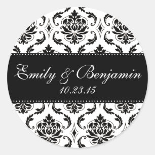 White and Black Damask Wedding Favor Classic Round Sticker