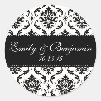 White and Black Damask Wedding Favor Classic Round Sticker