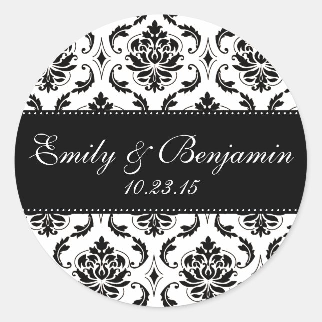 White and Black Damask Wedding Favor Classic Round Sticker (Front)