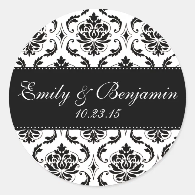 White and Black Damask Wedding Favor Classic Round Sticker | Zazzle