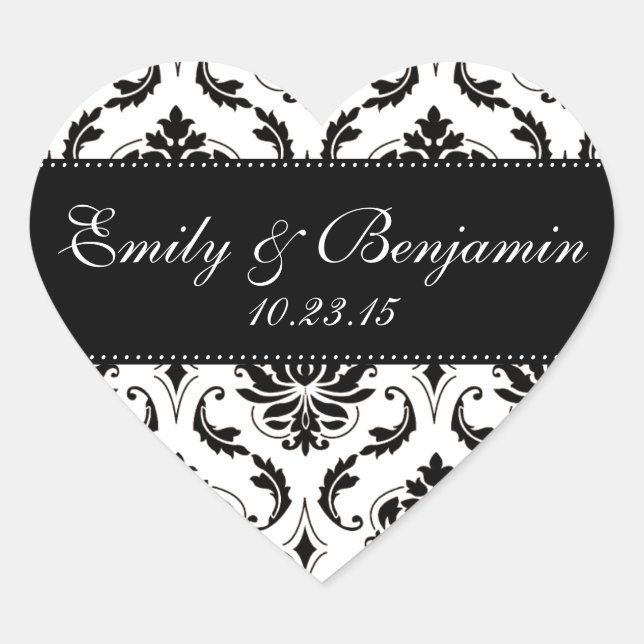 White and Black Damask Wedding Favor Heart Sticker (Front)