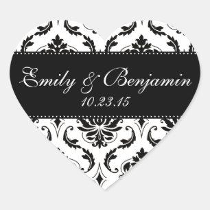 White and Black Damask Wedding Favor Heart Sticker
