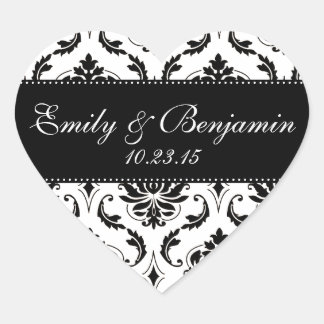 White and Black Damask Wedding Favor Heart Sticker