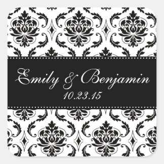 White and Black Damask Wedding Favor Square Sticker
