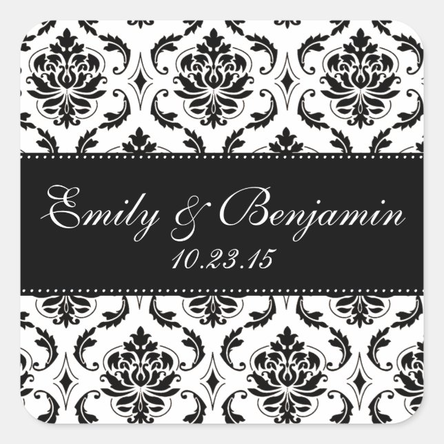 White and Black Damask Wedding Favor Square Sticker (Front)