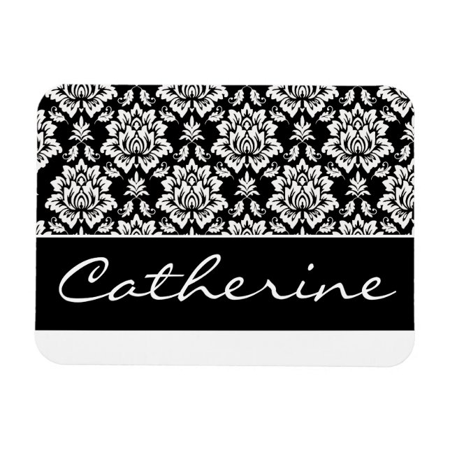 White and Black Damask with Customizable Name Magnet (Horizontal)