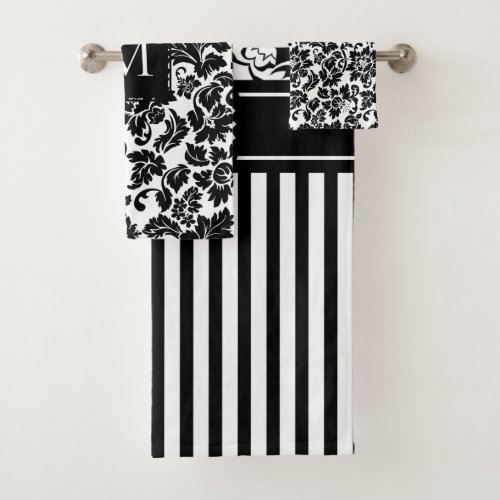 White And Black Damask With Stripes Bath Towel Set