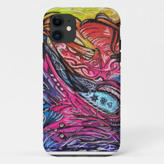 white and black details on multicolour background iPhone 11 case