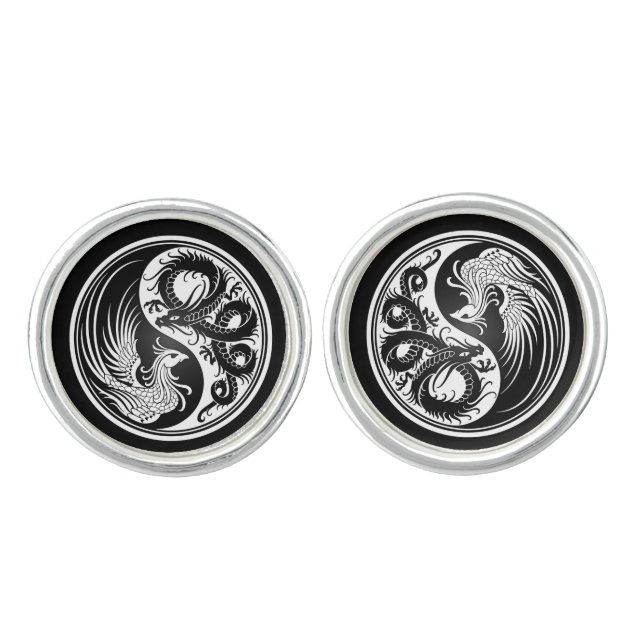 White and Black Dragon Phoenix Yin Yang Cufflinks (Front)