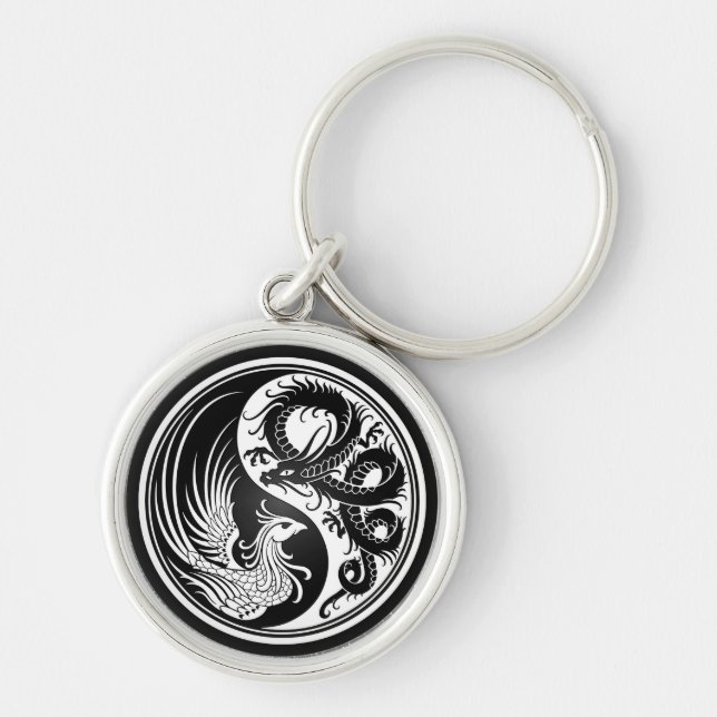 White and Black Dragon Phoenix Yin Yang Keychain (Front)