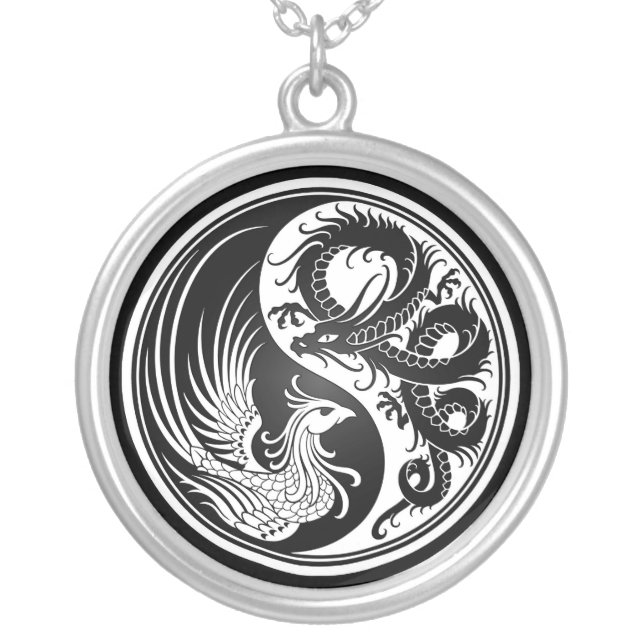 White and Black Dragon Phoenix Yin Yang Silver Plated Necklace (Front)