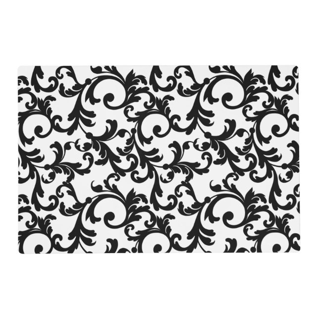 White and Black Elegant Damask Print Placemat (Back)