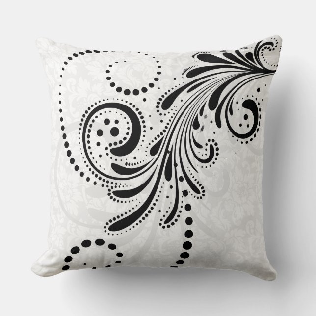 White And Black Elegant Floral Swirl Throw Pillow (Front)