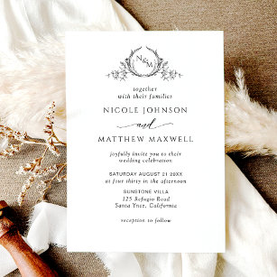 White and Black, Elegant Monogram Wedding Invitation