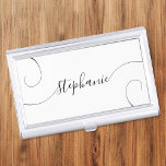 White and Black Elegant Script Curly Name Business Card Case<br><div class="desc">An elegant signature style script name design with extra curly tails.
You can customize the white background and black font colors.
Customize the font size or move it as needed for longer or shorter names.
Create your own business card case for her.</div>