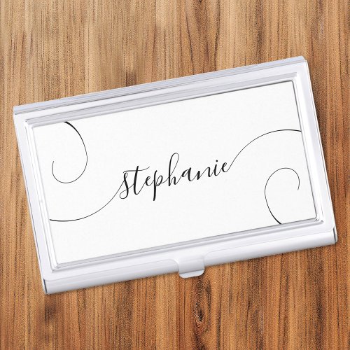 White and Black Elegant Script Curly Name Business Card Case