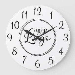 White and Black Elegant Script Numbers Logo Large Clock