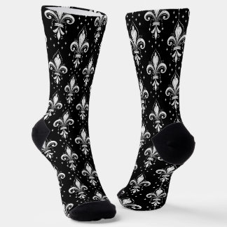 White and black fleur-de-lis seamless pattern socks