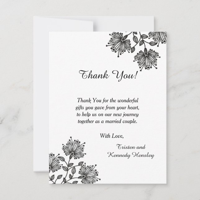 White and Black Floral 4x5 Flat Thank You Card (Front)