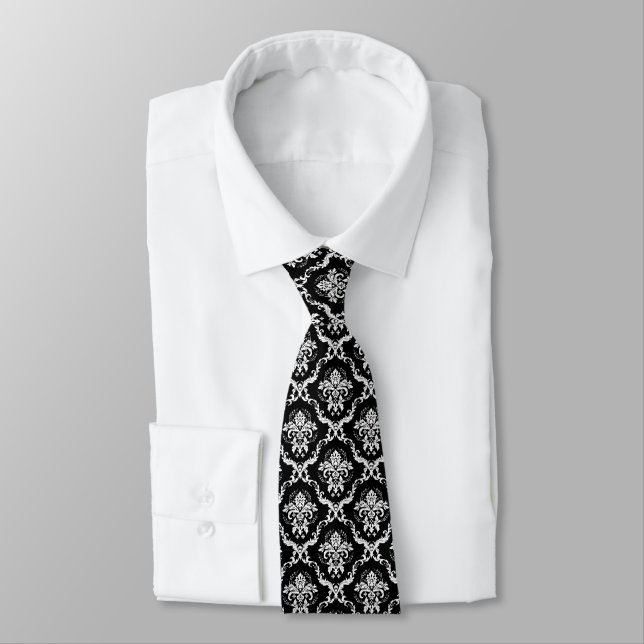 White and Black Floral Damask Pattern Neck Tie (Tied)