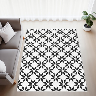 White and black floral flowers pattern rug