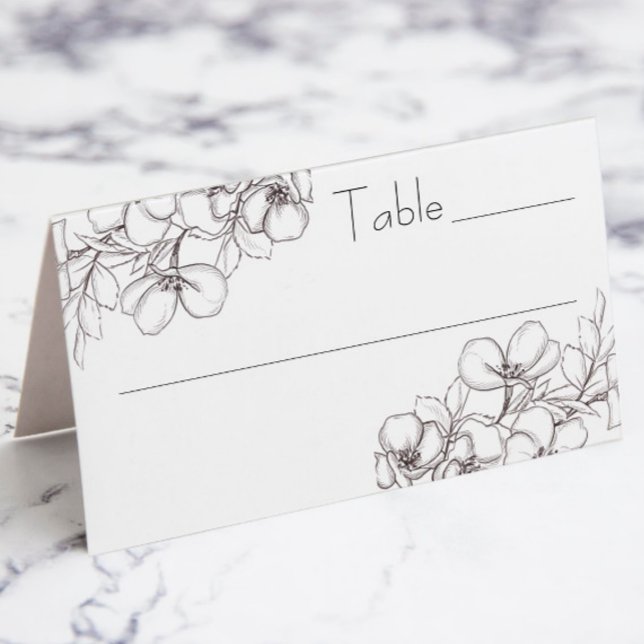 White and Black Floral Line Art Folded Place Card (wedding table escort placard with white and black floral line art)