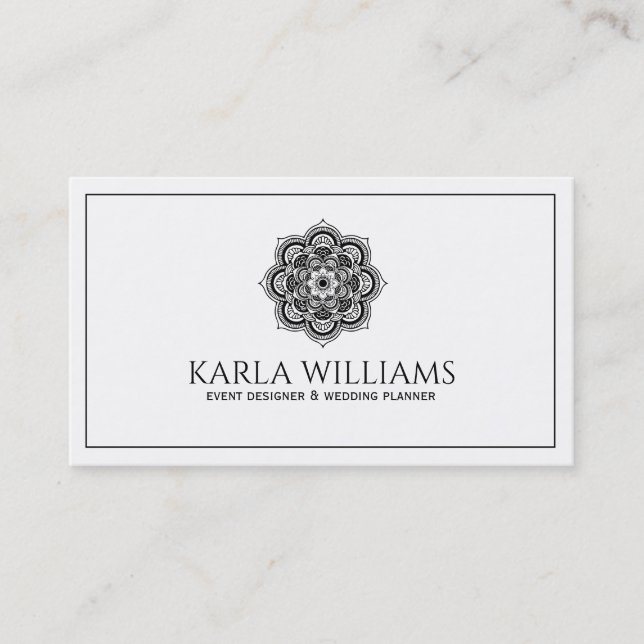 White And Black Floral Mandala Business Card (Front)