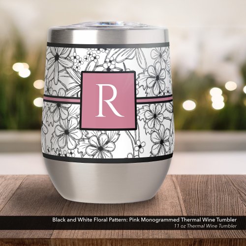 White and Black Floral Pattern Pink Monogrammed Thermal Wine Tumbler