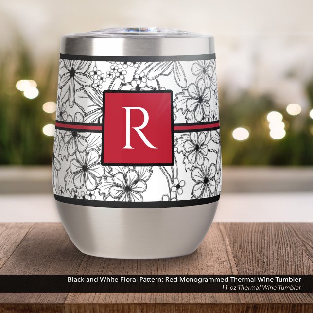 White and Black Floral Pattern: Red Monogrammed Thermal Wine Tumbler (Black and White Floral Pattern on an 11 oz Thermal Wine Tumbler with Monogram in Red)