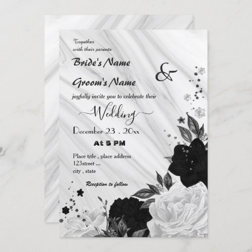 white and black floral wedding  invitation
