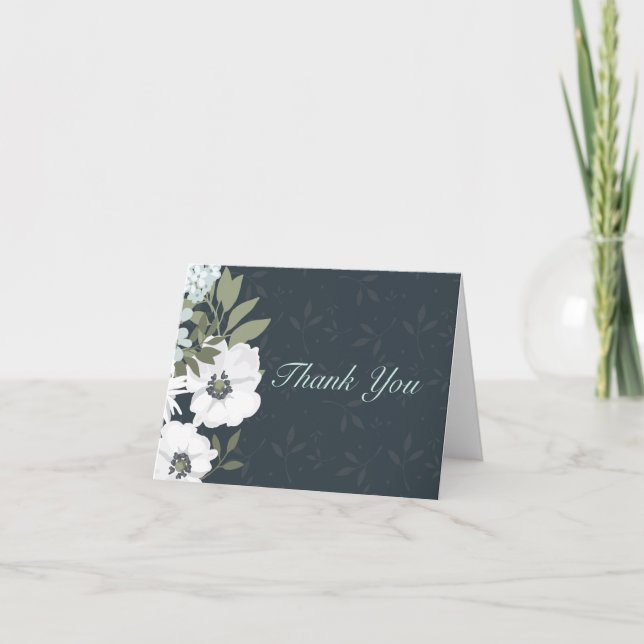 White and Black Floral Wreath Wedding Thank You (Front)