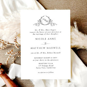 White and Black, Formal Elegant Monogram Wedding Invitation