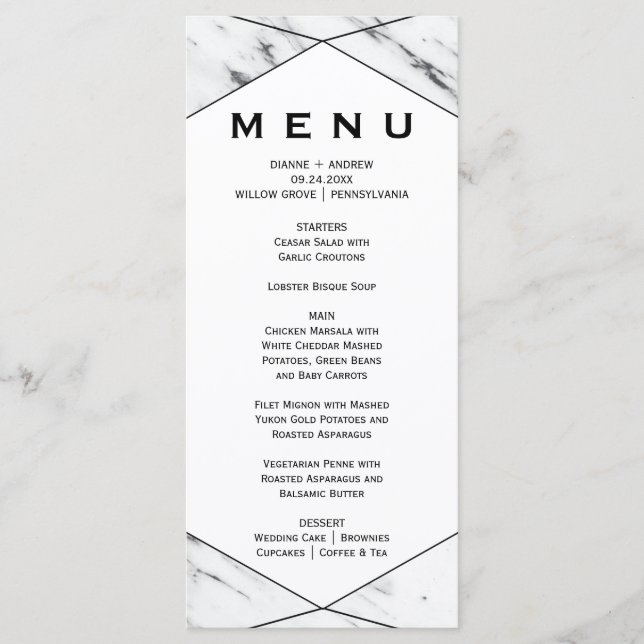 White and Black Geometric Marble Dinner Menu Card (Front)