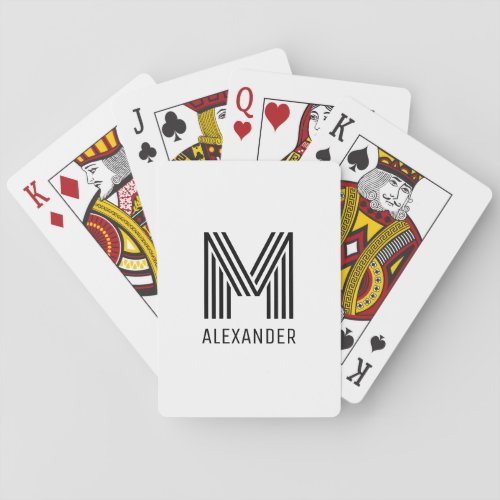 White and Black Geometric Retro Name and Monogram Poker Cards