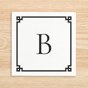 White and Black Greek Key Border Elegant Monogram Napkins
