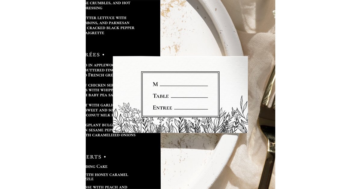 Entee Card White and Black Greenery Entree Choice Flat Place Card | Zazzle