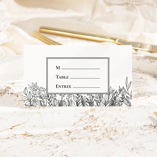 White and Black Greenery Entree Choice Folded Place Card