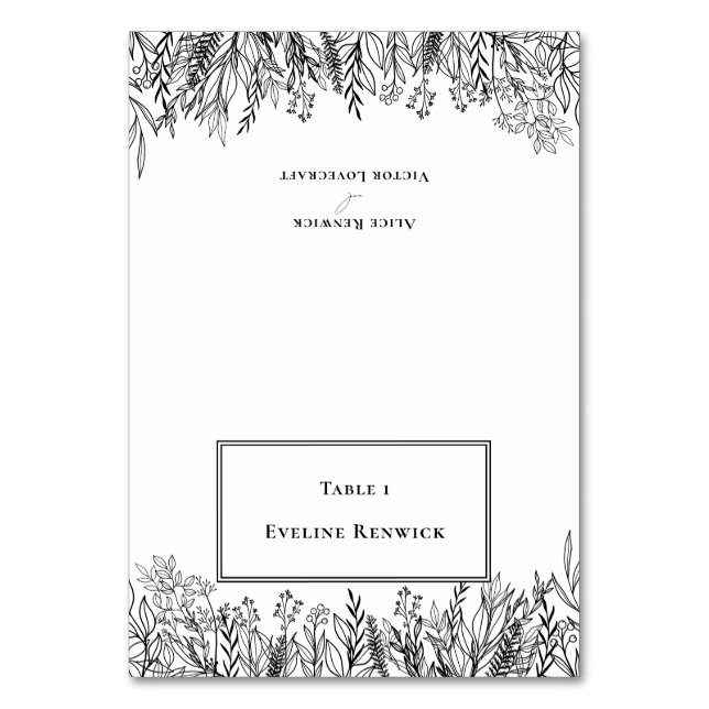 White and Black Greenery Foldable Place Card (Front)